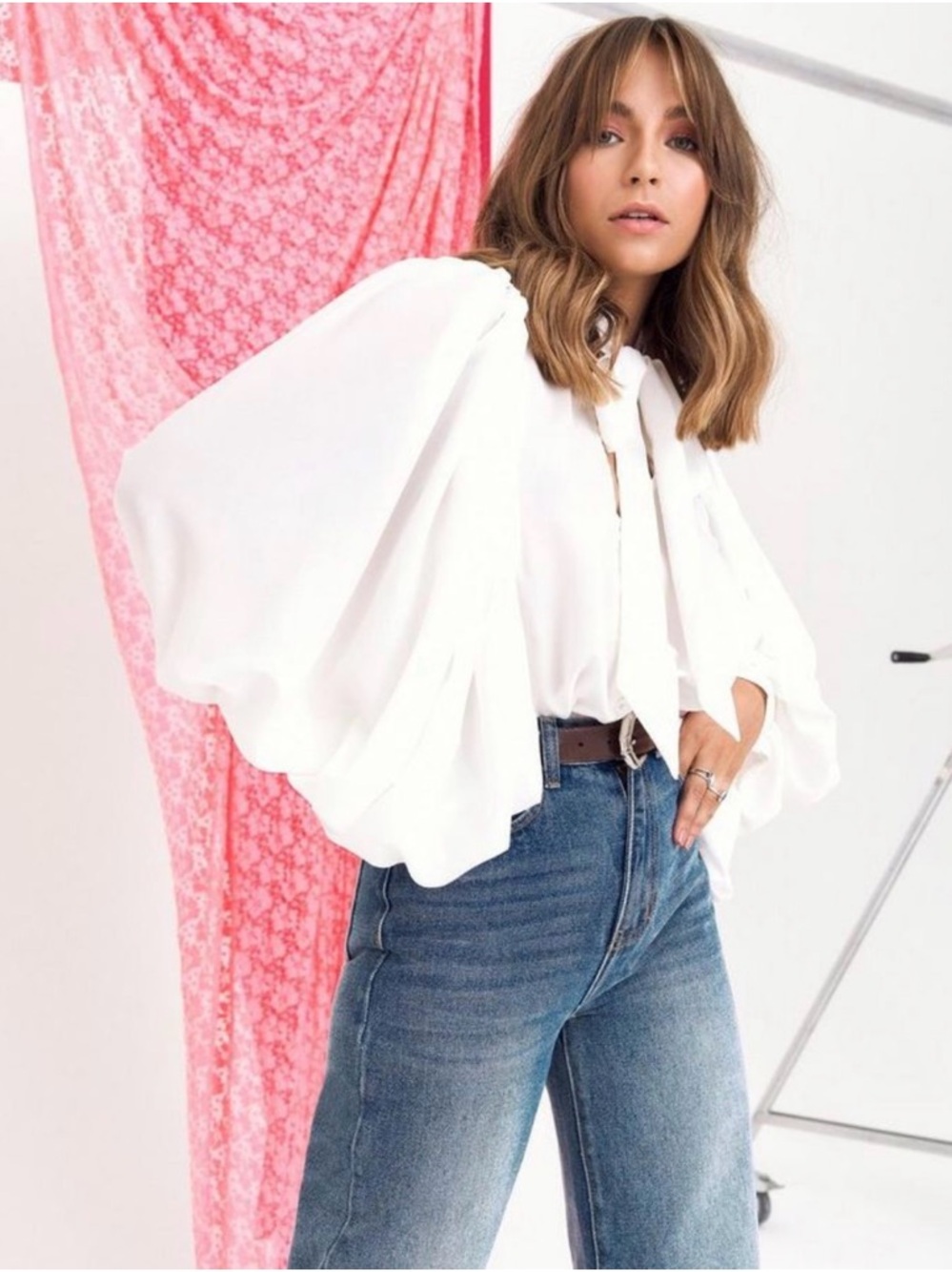 White Chiffon Balloon-Sleeve Tie-Neck Blouse